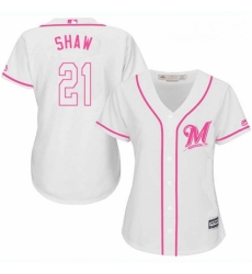 Womens Majestic Milwaukee Brewers 21 Travis Shaw Replica White Fashion Cool Base MLB Jersey