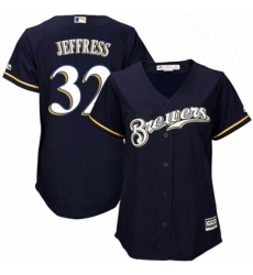 Womens Majestic Milwaukee Brewers 32 Jeremy Jeffress Authentic Navy Blue Alternate Cool Base MLB Jersey 