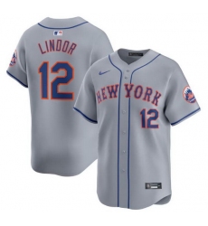 Men New York Mets 12 Francisco Lindor Grey 2024 Away Limited Stitched Baseball Jersey