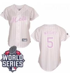 Womens Majestic New York Mets 5 David Wright Replica WhitePink Strip 2015 World Series MLB Jersey