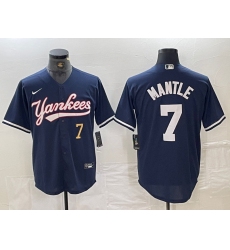 Men New York Yankees 7 Mickey Mantle Number Navy With Patch Cool Base Stitched Baseball Jersey