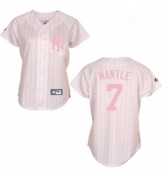 Womens Majestic New York Yankees 7 Mickey Mantle Authentic WhitePink Strip MLB Jersey