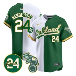 Men Oakland Athletics 24 Ricky Henderson White Green Split 2024 Limited With Patch Stitched Jersey
