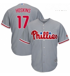 Mens Majestic Philadelphia Phillies 17 Rhys Hoskins Replica Grey Road Cool Base MLB Jersey 