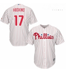 Mens Majestic Philadelphia Phillies 17 Rhys Hoskins Replica WhiteRed Strip Home Cool Base MLB Jersey 