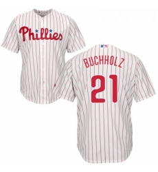 Youth Majestic Philadelphia Phillies 21 Clay Buchholz Replica WhiteRed Strip Home Cool Base MLB Jersey 