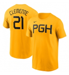 Men Pittsburgh Pirates 21 Roberto Clemente Gold 2023 City Connect Name  26 Number T Shirt