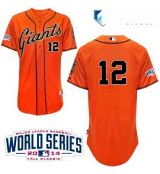 Mens Majestic San Francisco Giants 12 Joe Panik Authentic Orange Alternate Cool Base w2014 World Series Patch MLB Jersey