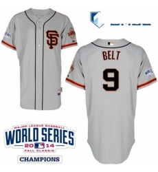 Mens Majestic San Francisco Giants 9 Brandon Belt Replica Grey Road 2 Cool Base w2014 World Series Patch MLB Jersey