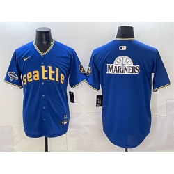 Men Seattle Mariners Team Big Logo Royal With 2025 AL West Division Champions Patch City Connect Limited Stitched Baseball Jersey 1