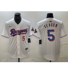 Men Texas Rangers 5 Corey Seager Number White 2023 World Series Champions Cool Base Jersey