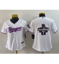 Women Texas Rangers White 2023 World Series Champions Big Logo With Patch Stitched Baseball Jersey 28Run Small 29s