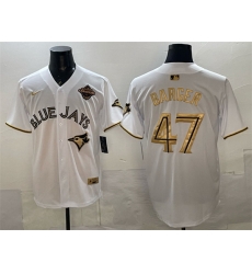 Men Toronto Blue Jays 47 Addison Barger White Gold 2025 American League Champions Limited Stitched Baseball Jersey Men Toronto Blue Jays 47 Addison Barger White Gold 2025 American League Champions Limited Stitched Baseball Jersey