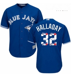 Mens Majestic Toronto Blue Jays 32 Roy Halladay Authentic Blue Team Logo Fashion MLB Jersey