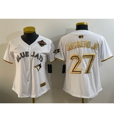 Women Toronto Blue Jays 27 Vladimir Guerrero Jr White Gold 2025 American League Champions Limited Stitched Baseball Jersey Women Toronto Blue Jays 27 Vladimir Guerrero Jr White Gold 2025 American League Champions Limited Stitched Baseball Jersey
