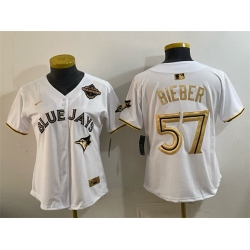 Women Toronto Blue Jays 57 Shane Bieber White Gold 2025 American League Champions Limited Stitched Baseball Jersey 