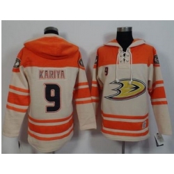 Anaheim Ducks #9 Paul Kariya Cream Orange Sawyer Hooded Sweatshirt Stitched NHL Jersey