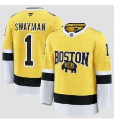 Men Boston Bruins 1 Jeremy Swayman Gold 2026 Stadium Series Stitched Hockey Jersey