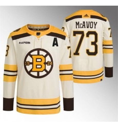 Men Boston Bruins 73 Charlie McAvoy Cream With Rapid7 Patch 100th Anniversary Stitched Jersey
