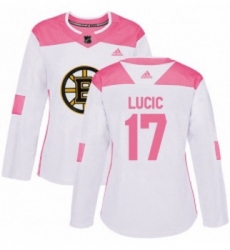 Womens Adidas Boston Bruins 17 Milan Lucic Authentic WhitePink Fashion NHL Jersey 