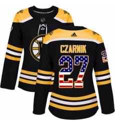 Womens Adidas Boston Bruins 27 Austin Czarnik Authentic Black USA Flag Fashion NHL Jersey 