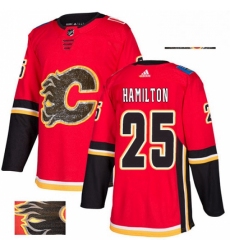 Mens Adidas Calgary Flames 25 Freddie Hamilton Authentic Red Fashion Gold NHL Jersey 