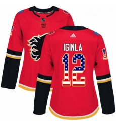 Womens Adidas Calgary Flames 12 Jarome Iginla Authentic Red USA Flag Fashion NHL Jersey 