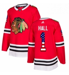 Mens Adidas Chicago Blackhawks 1 Glenn Hall Authentic Red USA Flag Fashion NHL Jersey 