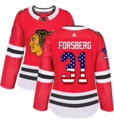 Womens Adidas Chicago Blackhawks 31 Anton Forsberg Authentic Red USA Flag Fashion NHL Jersey 