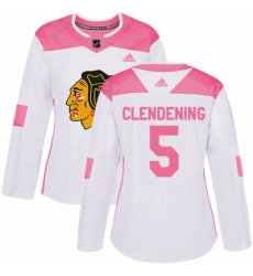 Womens Adidas Chicago Blackhawks 5 Adam Clendening Authentic White Pink Fashion NHL Jersey 