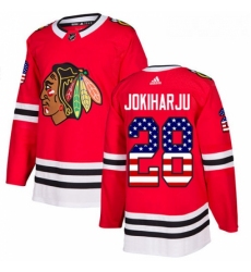 Youth Adidas Chicago Blackhawks 28 Henri Jokiharju Authentic Red USA Flag Fashion NHL Jersey 