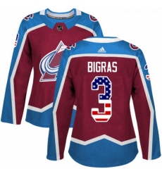 Womens Adidas Colorado Avalanche 3 Chris Bigras Authentic Burgundy Red USA Flag Fashion NHL Jersey 