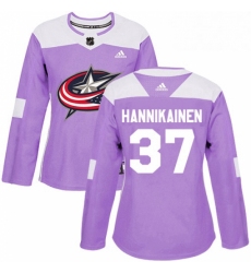 Womens Adidas Columbus Blue Jackets 37 Markus Hannikainen Authentic Purple Fights Cancer Practice NHL Jersey 