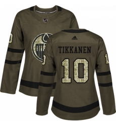 Womens Adidas Edmonton Oilers 10 Esa Tikkanen Authentic Green Salute to Service NHL Jersey 