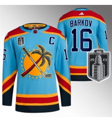 Men Florida Panthers 16 Aleksander Barkov Blue 2023 Stanley Cup Final Reverse Retro Stitched Jersey