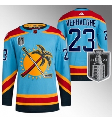Men Florida Panthers 23 Carter Verhaeghe Blue 2023 Stanley Cup Final Reverse Retro Stitched Jersey