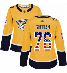 Womens Adidas Nashville Predators 76 PK Subban Authentic Gold USA Flag Fashion NHL Jersey 