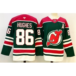 Men New Jersey Devils 86 Jack Hughes Green Red 2024 25 With A Patch Stitched Hockey Jersey