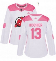 Womens Adidas New Jersey Devils 13 Nico Hischier Authentic WhitePink Fashion NHL Jersey 