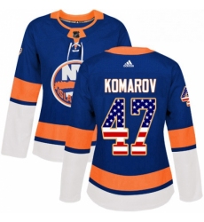 Womens Adidas New York Islanders 47 Leo Komarov Authentic Royal Blue USA Flag Fashion NHL Jersey 