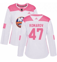 Womens Adidas New York Islanders 47 Leo Komarov Authentic White Pink Fashion NHL Jersey 