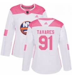 Womens Adidas New York Islanders 91 John Tavares Authentic WhitePink Fashion NHL Jersey 