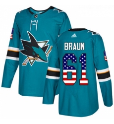 Youth Adidas San Jose Sharks 61 Justin Braun Authentic Teal Green USA Flag Fashion NHL Jersey 