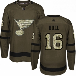 Mens Adidas St Louis Blues 16 Brett Hull Authentic Green Salute to Service NHL Jersey 