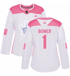 Womens Adidas Toronto Maple Leafs 1 Johnny Bower Authentic WhitePink Fashion NHL Jersey 