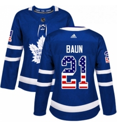 Womens Adidas Toronto Maple Leafs 21 Bobby Baun Authentic Royal Blue USA Flag Fashion NHL Jersey 