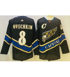 Men Washington Capitals 8 Alex Ovechkin Black 2022 23 Reverse Retro Stitched NHL Jersey