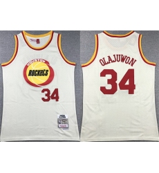 Men Houston Rockets 34 Hakeem Olajuwon White Mitchell Ness Hardwood Classics Swingman Stitched Basketball Jersey
