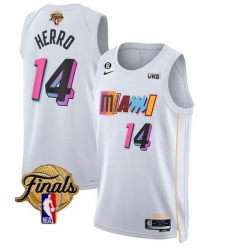 Men Miami Heat 14 Tyler Herro White 2023 Finals City Edition With NO 6 Patch Stitched Basketball Jersey