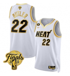 Men Miami Heat 22 Jimmy Butler White Gold Edition 2023 Finals Collection With NO 6 Patch Stitched Basketball Jersey